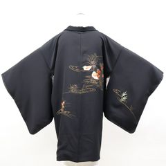 【京松】黒羽織 刺繍 しつけ付 羽織紐別売り 着物 正絹 美品 身丈約90cm 裄丈約64.5cm kyo8z10-1802