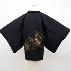 【京松】黒羽織 羽織紐付き 花 縫い取り 着物 正絹 身丈約76cm 裄丈約63.5cm kyo8z10-1803