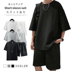 上下セット 黒 未使用 セットアップ Tシャツ ハーフパンツ 半袖 メンズ ワッフル生地 夏 ルームウェア 部屋着 ゆったり yemi65