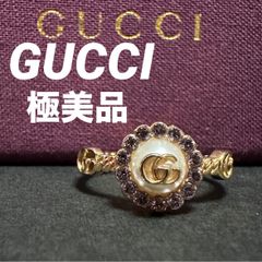 極美品　グッチ　GUCCI　指輪　リング　ダブルG　フラワー　リング　GGマーモント　チェーン　メンズ　レディース　メタル　ラインストーン　フェイクパール　3.06g　ゴールド　ピンク　ホワイト 　M　15号　箱　袋