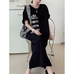 ワンピース Tシャツワンピ ロングワンピース 半袖 英字プリント レディース クルーネック 夏 ロング丈 マキシワンピース スリット入り カジュアル 体型カバー 着痩せ マタニティ ゆったり 肌触り 柔らかい 楽ちん