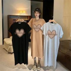 ワンピース ロングワンピース Tシャツワンピ マキシワンピース 半袖 クルーネック ハート 英字 スリット入り 夏 ロング丈 レディース カジュアル 体型カバー 着痩せ マタニティ ゆったり 肌触り 柔らかい 楽ちん