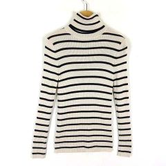 ユニクロ UNIQLO エクストラファイン メリノ リブ タートルネック セーター ニット ボーダー ウール 長袖 M ライトベージュ 黒 ブラック