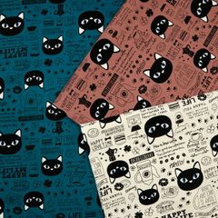 黒猫の幸せ時間 オックス生地  黒猫 猫柄 cat コーヒー カフェラテ ハンバーガー ケーキ ハンドメイド 裁縫 手作り 50cm単位