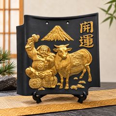 １点限り！《６９.7％OFF》常滑焼　開運飾り瓦（大黒天と丑）皿立て付１組　●1580242H   ■新品.未使用■