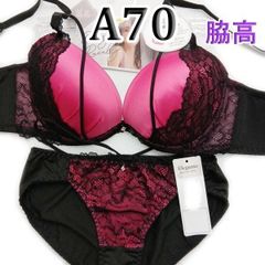 ●19[A70&M]Elegante脇高ブラ&ショーツ セット　腰ひも付きショーツ　サテン地チェリーピンク　新品未使用