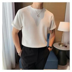 キレイめ 夏 無地 薄手 クルーネック サマーニット メンズ トップス クルーネック半袖ニット Tシャツ ゴルフ シャツ ph109