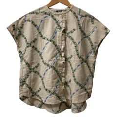 26SS Marble SUD マーブルシュッド EMB ribbon フレンチスリーブ ミニフリルブラウス サイズF ベージュ マルチカラー レディース 春 夏 中古 古着 USED 未使用