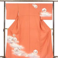 訪問着 身丈168cm 裄67cm 前幅24cm 後幅31cm 袖丈49cm 袖幅34cm レディース 袷 雪輪 裄長 裄Lサイズ 秋冬春用 正絹（シルク）オレンジ トールサイズ 美品 リメイク リユース リサイクル【呉服のきくや】