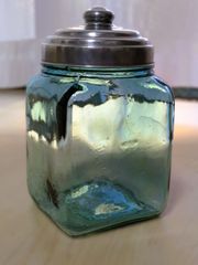 昭和レトロ 飴瓶 保存瓶 キャンディーポット 青緑色ガラス 蓋付き