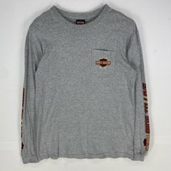 古着 ハーレーダビッドソン HARLEY DAVIDSON 長袖Tシャツ 胸ポケット モーターサイクル 袖プリント L  グレー系 両面プリント メンズ