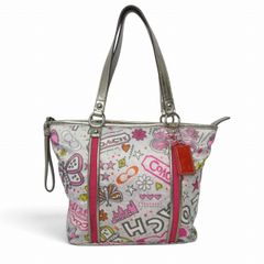 コーチ COACH バンダナグラフィティ トートバッグ メタリックレザー ライトグレー ピンク シルバー F15712