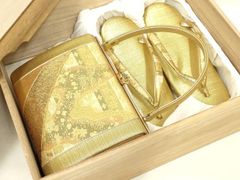 平和屋着物●和装小物　和装バッグ・草履セット　ハンドバッグ　佐賀錦　金糸　帯地使用　Lサイズ　逸品　AABL7089ay