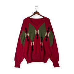 CASHMERE カシミヤ100% デザイン Vネック ニット セーター /レッド系 メンズ レトロ