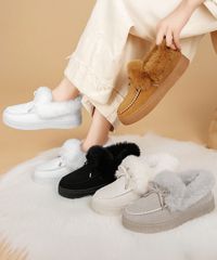 ふわふわ ファー 厚底 リボン モカシンシューズ レディース 裏起毛 ボア 歩きやすい 韓国風 カジュアル 秋冬 暖かい スリッポン ホワイト 3/3 1102
