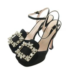 ロジェヴィヴィエ ROGER VIVIER RV Broche サテンプラットフォームサンダル ストラップ ビジュー 35 黒 ブラック /AQ ■OS
