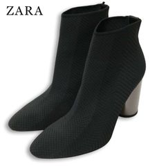ZARA ザラ 秋冬★ ニット ストレッチ ポインテッドトゥ ヒール ソックス ショート ブーツ Sz.36 レディース 黒