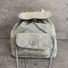 美品 COACH コーチ ミニリュック バックパック リア シグネチャー キャンバス レザー デニム 水色 ブルー