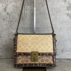 美品 COACH コーチ 2way ショルダーバッグ チェーン ハットン パイソン シグネチャー PVC レザー 茶 ブラウン
