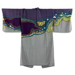 道行 身丈114.5cm 裄丈68cm L 三本賢 和装コート 被布衿 幾何学模様 染め分け 紫 正絹 逸品 【中古】