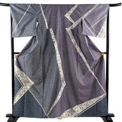 訪問着 身丈161cm 裄丈67cm M 袷 紬地 華文 花唐草 刺繍 金糸 青灰色 正絹 名品 【中古】
