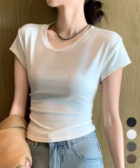 サイドギャザーtシャツ 半袖 トップス 韓国風 レディース Vネック 重ね着 着やせ カジュアル 春夏 薄手 タイトtシャツ細見えお洒落 スリムTシャツ細身 ベーシックtシャツ 1102