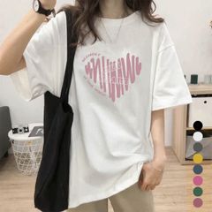 半袖 Tシャツ レディース 夏 ロゴ 韓国風 プルオーバー 体型カバー ゆったり 着やせ クルーネック tシャツ 夏トップス 配色ビッグTシャツ ハート ロゴプリント ロングTシャツ黒白 1102