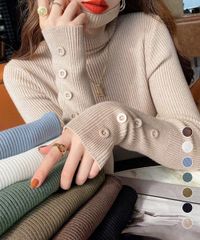 ハイネック ニットトップス 長袖 ニットソー レディース プルオーバー ニットセーター 無地 きれいめ 秋冬 タートルネック 大人可愛い 着回しニットインナー 袖ボタン付きニット 柔らかニット 1102