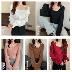 ニットトップス レイヤード 風 韓国風 Vネック リブニット ニットセーター リボン 重ね着 カジュアル きれいめ ボリューム袖 ドッキング カシュクールニット バックシャンニット 1102