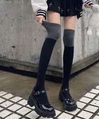 ニーハイソックス バイカラーレッグウェア レディース 無地 美脚 韓国風 ツートンカラー ストレッチソックス 冷え取り ルームソックス 伸縮性抜群 ロング靴下 女性用 スクールソックス 1102