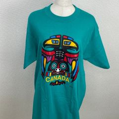 カナダ製 FRUIT OF THE LOOM Tシャツ M ターコイズ トーテムプリント CANADA 古着　20251001-0002-R