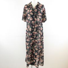 ローリーズファーム LOWRYS FARM シャツワンピース ロング 半袖 シアー 花柄 黒 M *T995