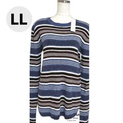 新品タグ付き しまむら  クルーネックリブニットセーター　秋ニット 長袖 マルチボーダー ブルー系 LLTT レディース大きいサイズ   カジュアル シンプル