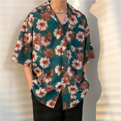 カジュアルシャツ メンズ アロハシャツ 花柄 半袖 トップス クルーネック 開襟シャツ 夏 シンプル カジュアル おしゃれ かっこいい  旅行 海 夏物 運動会 文化祭 通学 メンズファッション
