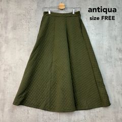 antiqua アンティカ F フリーサイズ キルティングフレアスカート カーキ キルティングスカート ロングスカート マキシ丈 ウエストゴム ボリューム Aライン パッチポケット 切替 ダイヤ柄 ★ ◇■ ◆■