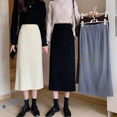 スカート ニットスカート リブニットスカート ロング丈 リブ 秋冬ウエストゴム レディース 冬 タイトスカート バックスリット 厚手ニット シンプル 細見え あったかい きれいめ カジュアル ゆったり 美シルエット