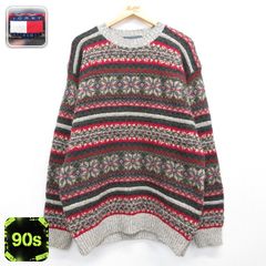 L/古着 トミーヒルフィガー TOMMY HILFIGER 長袖 ブランド セーター メンズ 90年代 90s シェットランドウール フェアアイル ノルディック クルーネック 総柄 カーキ 26oct02