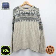 L/古着 OLD GLORY 長袖 セーター メンズ 90年代 90s ケーブル フェアアイル クルーネック 総柄 USA製 ベージュ 26oct02