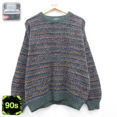XL/古着 montecatini 長袖 セーター メンズ 90年代 90s クルーネック イタリア製 カーキ ボーダー 26oct02