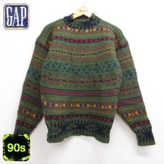 S/古着 ギャップ GAP 長袖 セーター メンズ 90年代 90s フェアアイル ウール 総柄 モックネック アイルランド製 カーキ【spe】 26oct02