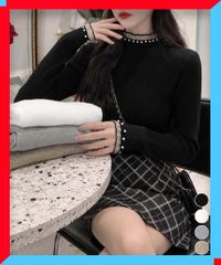 ニット ハイネック パール レディース フリル リブ トップス 長袖 秋冬 きれいめ 韓国風 新品 送料無料