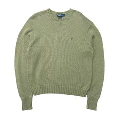 USA 古着 POLO by Ralph Lauren ポロバイラルフローレン クルーネック コットン ニット セーター 刺繍 メンズL オリーブ BJ1097