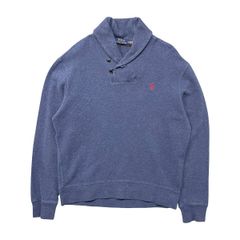 USA 古着 POLO RALPH LAUREN ポロ ラルフローレン ショールカラー コットン ニット スウェット セーター 刺繍 メンズM ブルー BJ1100