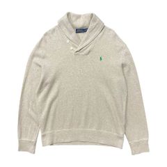 USA 古着 POLO RALPH LAUREN ポロ ラルフローレン ショールカラー コットン ニットスウェット セーター 刺繍 メンズL ベージュ BJ1102