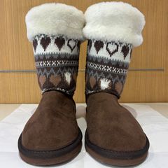 ニット切替 ボアブーツ ハート柄 ムートン風 ブラウン サイズ表記なし