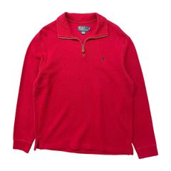 USA 古着 Polo by Ralph Lauren ポロ バイ ラルフローレン ハーフジップ コットン ニット スウェット セーター 刺繍 メンズL レッド BJ1108