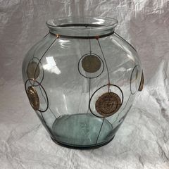 ヴィンテージ 手吹きガラス 鑑賞・オブジェ フラワーベース 気泡・ゆらゆらガラス メダル装飾 アンティーク 地中海風 花瓶