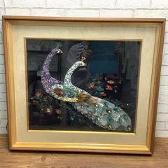 10108 宝石画 孔雀 クジャク 貴石画 天然石 額装 アートパネル 壁掛け