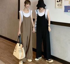 サロペット オールインワン レディース オーバーオール 綿麻 無地 ロング丈 マキシ丈 薄手 ガウチョパンツ ワイドパンツ 春夏秋 オシャレ