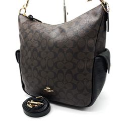 【良品】COACH コーチ シグネチャー ショルダーバッグ トートバッグ 2WAY ダークブラウン ブラック 黒 レザー ゴールド金具 肩掛け 斜め掛け サイドポケット 大容量 PVC ワンショルダー レディース